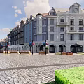 European Style Commercial Street With Plaza Greenery Fountains And Traditional Buildings