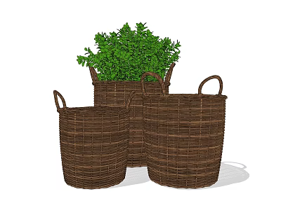 Set Of Three Natural Wicker Storage Baskets With Green Plants For Home 3d model