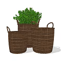 Set Of Three Natural Wicker Storage Baskets With Green Plants For Home