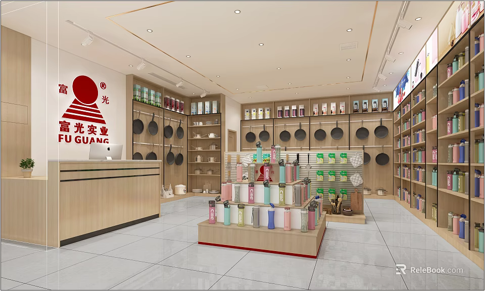 Fuguang Specialty Store Interior With Shelves Display Stand And Various Cups 3d model 