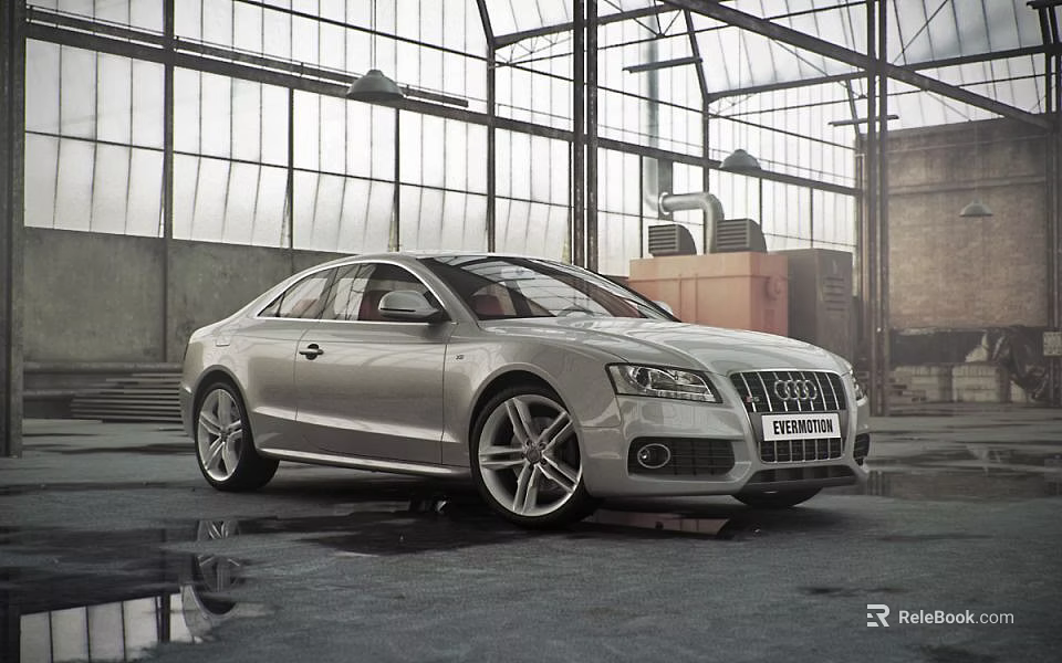 Silver Audi Sedan Parked In Industrial Space With Glass Roof And Metal Frames 3d model 