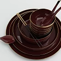 Elegant Multicolor Dinnerware Set with Stacked Plates Bowls and Gold Rim Spoons
