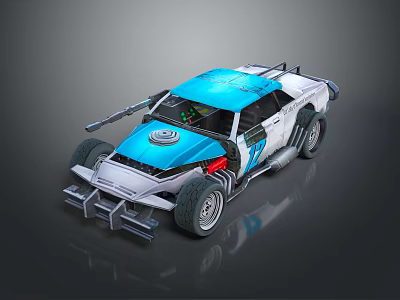 Blue and White Off Road Racing Car with Roof Mounted Weapon and Number 17 3d model