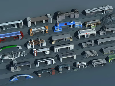 Various Structural Models of Public Facilities Including Platforms and Bus Stops 3d model