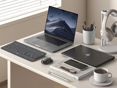 Modern Laptop Workspace With Keyboard Mouse Smartphone Headphones And Coffee Cup On Desk 3d model