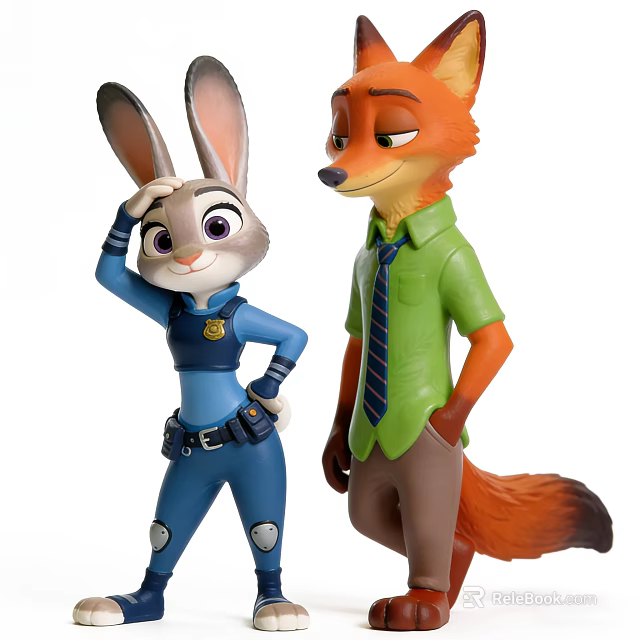 Decorative Rabbit Police And Fox Figurine Set With Blue Uniform Green Shirt 3d model 