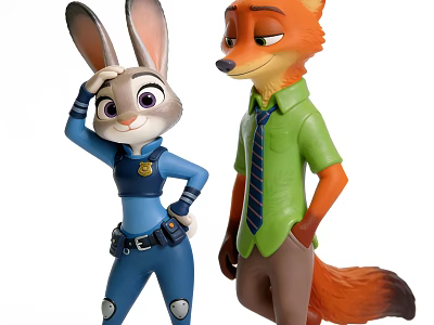 Decorative Rabbit Police And Fox Figurine Set With Blue Uniform Green Shirt 3d model