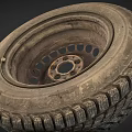 Old Worn Car Tire With Detailed Tread Pattern And Metal Rim Structure