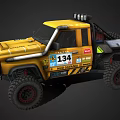 Yellow Modified Off Road Truck With Number 134 Roof Lights And Big Tires