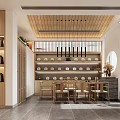 Traditional Tableware Store Interior With Wooden Shelves Displayed Plates Central Table And Bright Lighting