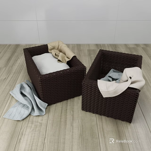 Brown Woven Storage Baskets with Folded Towels and Fabrics on Wooden Floor 3d model 