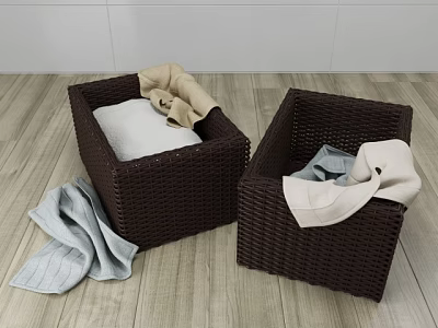 Brown Woven Storage Baskets with Folded Towels and Fabrics on Wooden Floor 3d model
