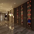 Elegant Boutique Interior With Wooden Shelves Round Mirror Display Counter And Warm Lighting