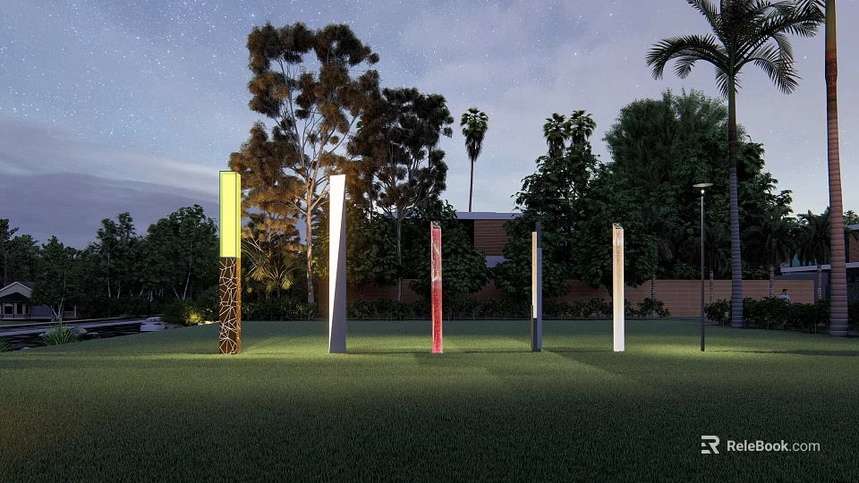 Outdoor Lights Modern Colorful Light Poles Standing On Lawn With Trees At Night 3d model 