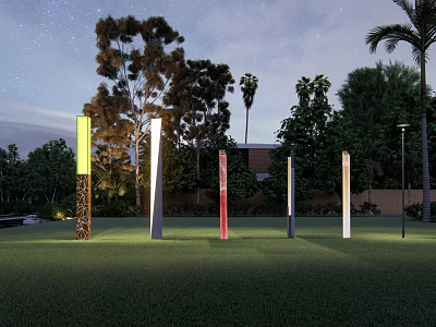Outdoor Lights Modern Colorful Light Poles Standing On Lawn With Trees At Night 3d model