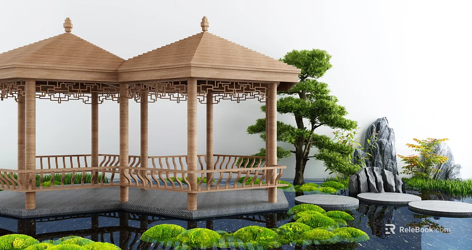 Traditional Wooden Garden Pavilion With Chinese Style Carvings Surrounding Pine Tree Pond And Aquatic Plants 3d model 