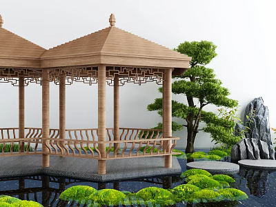 Traditional Wooden Garden Pavilion With Chinese Style Carvings Surrounding Pine Tree Pond And Aquatic Plants 3d model