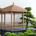 Traditional Wooden Garden Pavilion With Chinese Style Carvings Surrounding Pine Tree Pond And Aquatic Plants