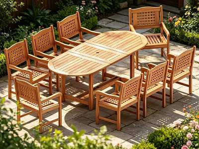 Outdoor Wooden Round Dining Table With Eight Chairs In Garden Stone Paved Area 3d model