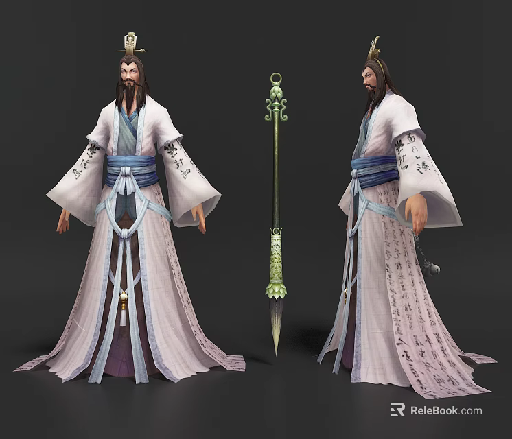 Game Movie Character In Ancient Long Robe With Blue Belt And Green Sword 3d model 