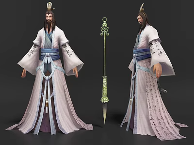 Game Movie Character In Ancient Long Robe With Blue Belt And Green Sword 3d model