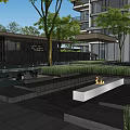 Modern Building Facade With Symmetric Entrance Glass Door Green Plant And Stone Walls