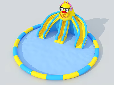 Octopus Shaped Inflatable Playground Equipment With Yellow Slides And Blue Circular Pool 3d model