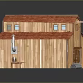 Wooden Cabin with Red Roof Windows Wooden Structure Exterior Bench and Pipes