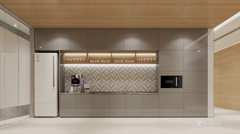 Modern Tea Room Interior With Gray Cabinets Refrigerator Coffee Machine And Tile Wall 3d model