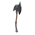 Ornate Axe Weapon With Detailed Metal Head And Brown Wooden Handle