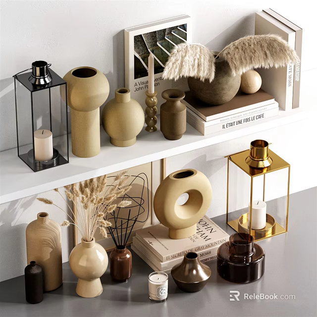 Modern Decorative Ornament Set With Vases Lanterns Candles And Dried Plants On Shelf 3d model 