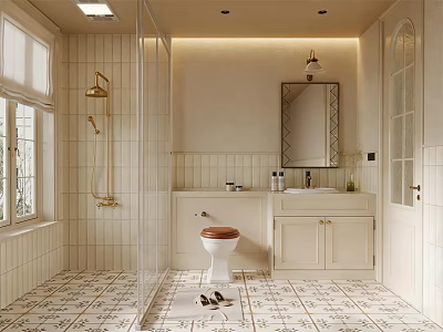 Cozy Bright Cream Toned Bathroom With Golden Fixtures And Retro Patterned Floor Tiles 3d model