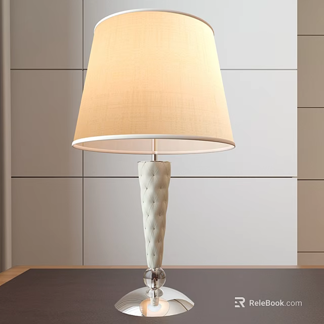 Elegant Table Lamp With Light Colored Fabric Lampshade And Tufted Glass Base On Wooden Table 3d model 