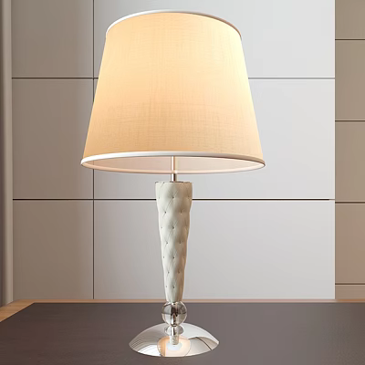 Elegant Table Lamp With Light Colored Fabric Lampshade And Tufted Glass Base On Wooden Table 3d model