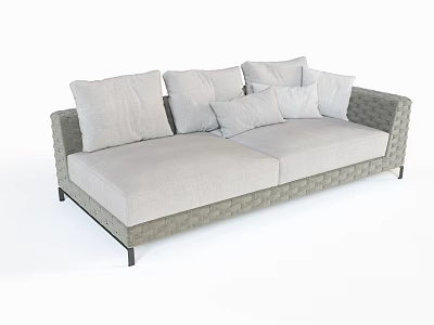 Light Gray Outdoor Sofa With Woven Design Comfy Cushions And Black Metal Legs 3d model