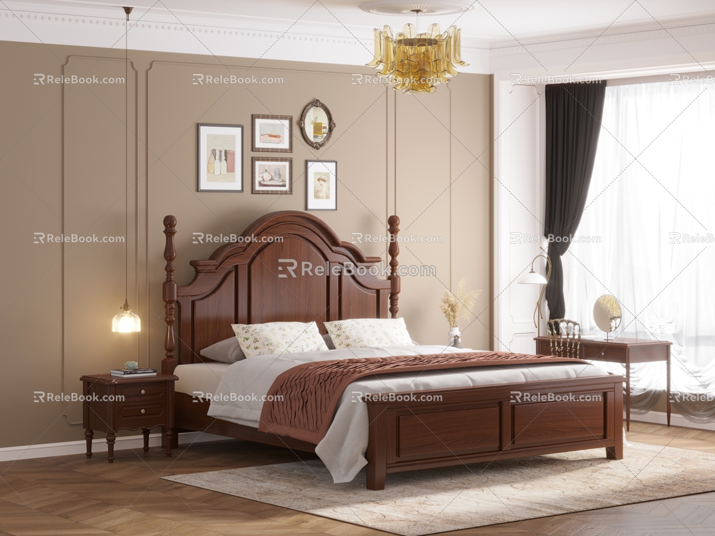 Style bedroom furniture bed high box bed decorations complete lighting complete 3d model