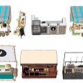 Various Charming Garden Ornaments With Small Stalls Display Shelves And Potted Plants