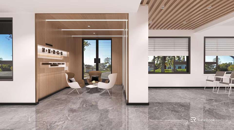 Modern Minimalist Relaxation Area Interior With Wooden Partition White Chairs Windows And Marble Flooring 3d model 