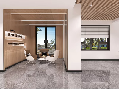 Modern Minimalist Relaxation Area Interior With Wooden Partition White Chairs Windows And Marble Flooring 3d model