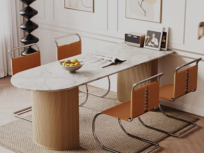 Elegant Dining Table Set with Marble Top Wooden Striped Legs and Orange Upholstered Metal Chairs 3d model