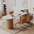 Elegant Dining Table Set with Marble Top Wooden Striped Legs and Orange Upholstered Metal Chairs