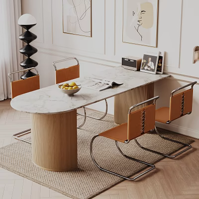 Elegant Dining Table Set with Marble Top Wooden Striped Legs and Orange Upholstered Metal Chairs 3d model