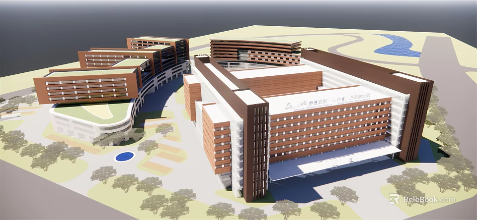Modern Campus Architectural Complex Featuring Brown White Facade Green Area And Circular Blue Space 3d model