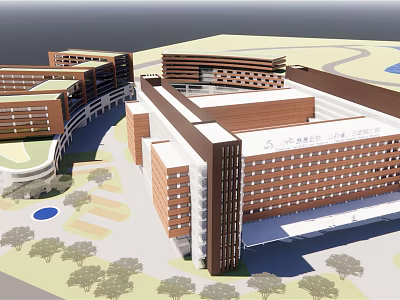 Modern Campus Architectural Complex Featuring Brown White Facade Green Area And Circular Blue Space 3d model