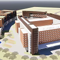 Modern Campus Architectural Complex Featuring Brown White Facade Green Area And Circular Blue Space 3d model