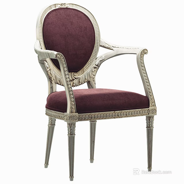 Burgundy Velvet Upholstered Dining Chair With White Carved Wooden Frame And Armrests 3d model 