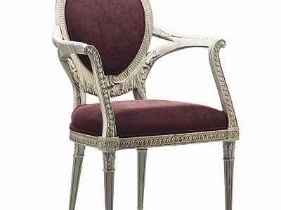 Burgundy Velvet Upholstered Dining Chair With White Carved Wooden Frame And Armrests 3d model