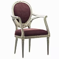 Burgundy Velvet Upholstered Dining Chair With White Carved Wooden Frame And Armrests