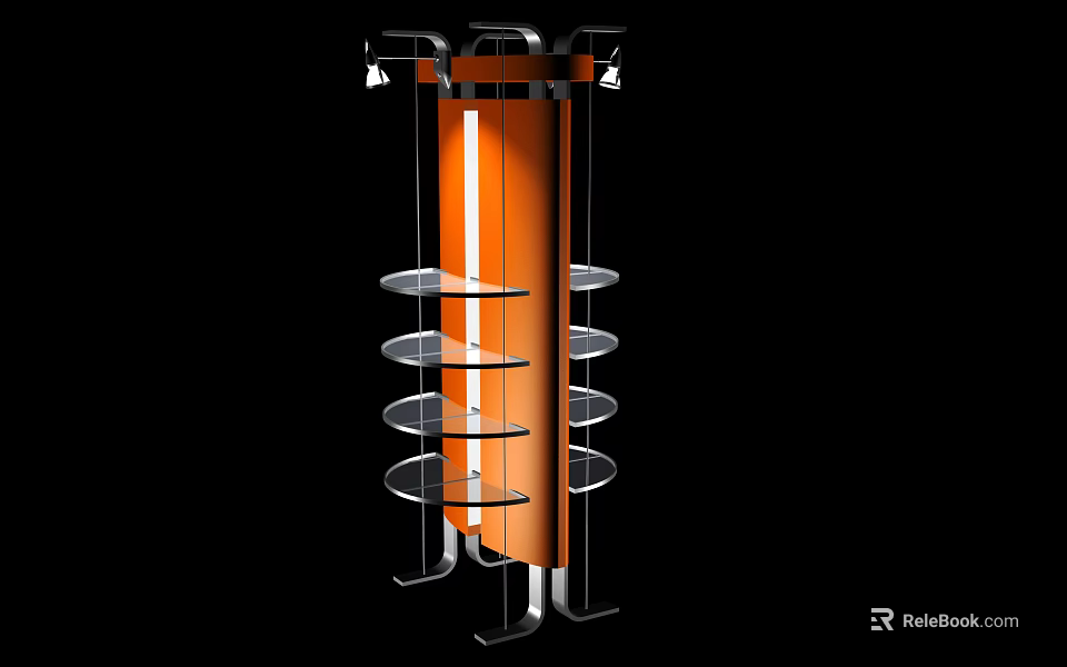Modern Cylindrical Display Shelf With Transparent Circular Shelves Metal Frame Orange Accents 3d model 