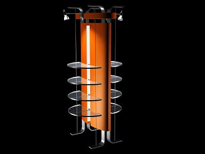 Modern Cylindrical Display Shelf With Transparent Circular Shelves Metal Frame Orange Accents 3d model